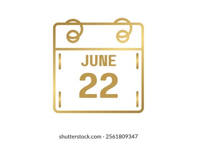 22 June calendar icon text page monthly web design on golden and white background vector, icon, or illustration with the month of June 22