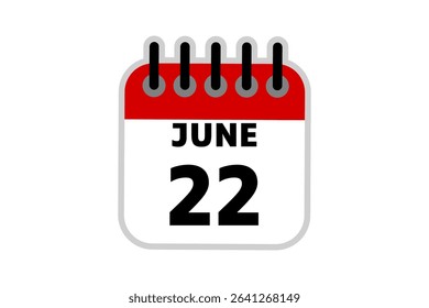 22 June calendar icon text page monthly web design on red, black and white background vector, icon, or illustration with the month of June 22