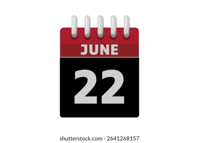 22 June calendar icon text page monthly web design on red, black and white background vector, icon, or illustration with the month of June 22