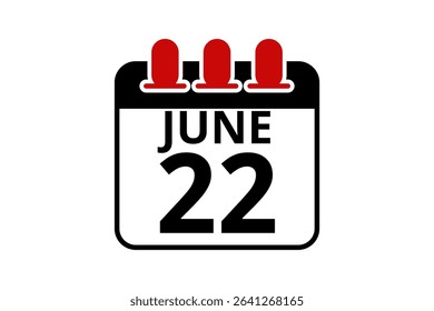 22 June calendar icon text page monthly web design on red, black and white background vector, icon, or illustration with the month of June 22