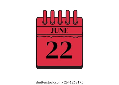 22 June calendar icon text page monthly web design on red, black and white background vector, icon, or illustration with the month of June 22