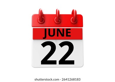 22 June calendar icon text page monthly web design on red, black and white background vector, icon, or illustration with the month of June 22