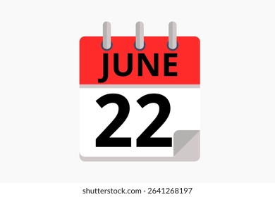 22 June calendar icon text page monthly web design on red, black and white background vector, icon, or illustration with the month of June 22