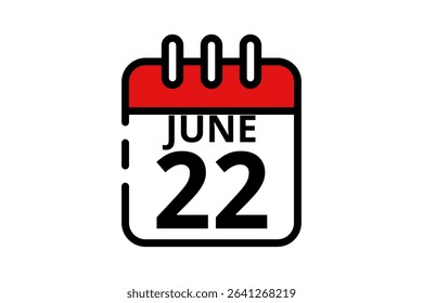 22 June calendar icon text page monthly web design on red, black and white background vector, icon, or illustration with the month of June 22