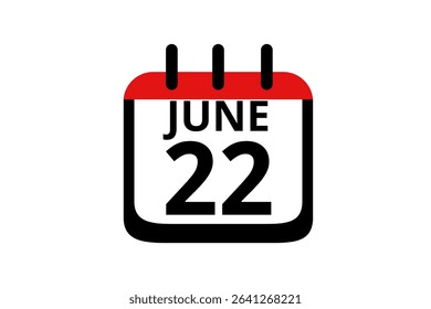 22 June calendar icon text page monthly web design on red, black and white background vector, icon, or illustration with the month of June 22