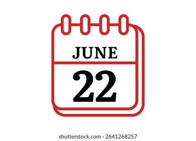 22 June calendar icon text page monthly web design on red, black and white background vector, icon, or illustration with the month of June 22