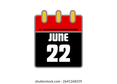 22 June calendar icon text page monthly web design on red, black and white background vector, icon, or illustration with the month of June 22