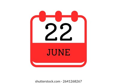 22 June calendar icon text page monthly web design on red, black and white background vector, icon, or illustration with the month of June 22