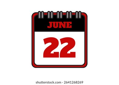 22 June calendar icon text page monthly web design on red, black and white background vector, icon, or illustration with the month of June 22