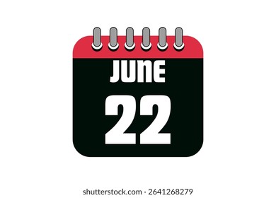 22 June calendar icon text page monthly web design on red, black and white background vector, icon, or illustration with the month of June 22