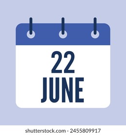 22 Junio Calendario, Calendario de Vector Aislado.