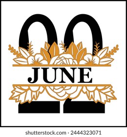 22 June Floral Split Silhouette Counting Vector Design | Print Design | Cut file | Shirt Design | Birthday Gift