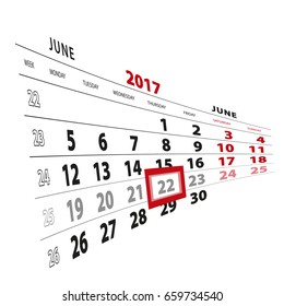 22 June highlighted on calendar 2017. Week starts from Monday. Vector Illustration.
