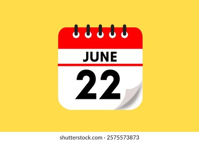 22 June month single day vector, illustration, calendar with red, black, white and yellow color background calendar June 22