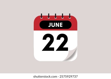 22 June month single day vector, illustration, calendar with rose red, black and off-white color background calendar June 22