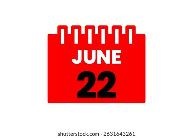 22 junho mês vetor dia único, ilustração, calendário com vermelho, preto e branco ícone de calendário de fundo de cor de 22 de junho
