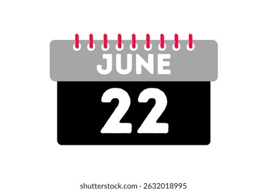 22 junho mês vetor dia único, ilustração, calendário com cinza, preto, vermelho e branco ícone de calendário de fundo de cor de 22 de junho