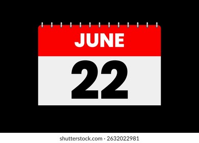 22 June month single day vector, illustration, calendar with red, off-white and black color background calendar icon of June 22