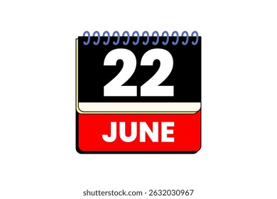 22 junho mês vetor dia único, ilustração, calendário com vermelho, preto e branco ícone de calendário de fundo de cor de 22 de junho