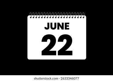 22 junho mês vetor dia único, ilustração, calendário com preto e branco ícone de calendário de fundo de cor de 22 de junho