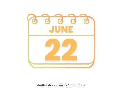 22 junho mês vetor dia único, ilustração, calendário com laranja, amarelo, marrom e branco ícone de calendário de fundo de cor de 22 de junho