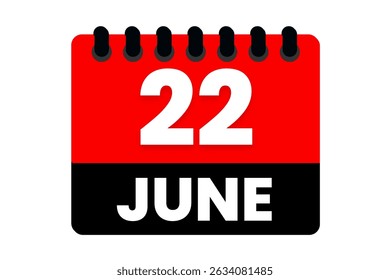 22 junho mês vetor dia único, ilustração, calendário com vermelho, preto e branco ícone de calendário de fundo de cor de 22 de junho