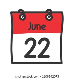 22 June. Vector flat daily calendar icon. Date and time, day, month. Holiday