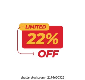 22% Limited Discount tag product banner label vector art illustration. Isolated on White Background in red color