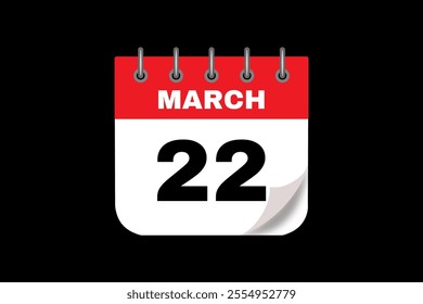 22 March calendar icon text page monthly web design on red, white and black background vector, icon, or illustration with the month of March 22