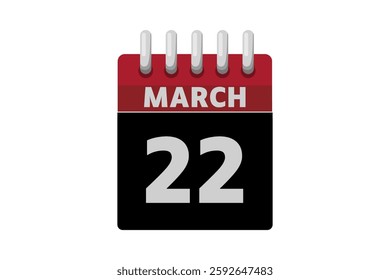 22 March calendar icon text page monthly web design on red, black and white background vector, icon, or illustration with the month of March 22