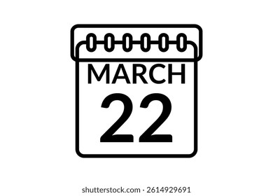 22 March calendar icon text page monthly web design on black and white background vector, icon, or illustration with the month of March 22