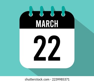 22 March calendar icon. Vector black for the month of March with shadow effect