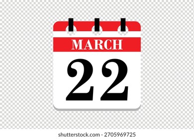 22 March Calendar icon vector, 22 dates of March month calendar icon, dates of March 22 icon calendar, vector calendar icon.
