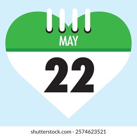 22 May calendar icon green heart shape on light sky blue color background, calendar vector symbol for the month of May.