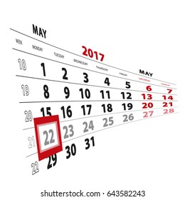 22 May highlighted on calendar 2017. Week starts from Monday. Vector Illustration.