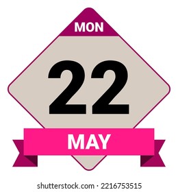 22 de mayo, lunes. Plantilla de fecha. Diseño útil para la promoción de calendarios o eventos. Ilustración vectorial Archivo EPS 10. Aislado sobre fondo blanco.