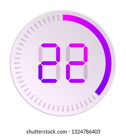 The 22 minutes, stopwatch vector icon, digital timer. Vector digital count down circle board with circle time pie diagram. Watch outline style design, designed for web and app.