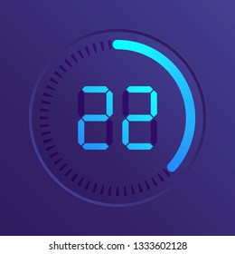 The 22 minutes, stopwatch vector icon, digital timer. Vector digital count down circle board with circle time pie diagram. Watch outline style design, designed for web and app.