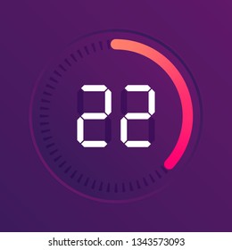 The 22 minutes, stopwatch vector icon, digital timer. Vector digital count down circle board with circle time pie diagram. Watch outline style design, designed for web and app.
