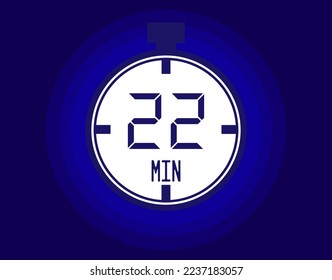 Icono vector de cronómetro de 22 minutos. Icono de Stopwatch en estilo reloj. Calendario para los horarios y las citas con fondo azul