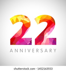 22 nd anniversary numbers. 22 years old multicolored logotype. Age congrats, congratulation art idea. Isolated abstract graphic design template. Coloured 2 digit. Up to 2 % or 22% percent off discount