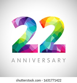 22 nd anniversary numbers. 22 years old logotype. Bright congrats. Isolated abstract graphic web design template. Creative 2, 3D digits. Up to 22% percent off discount idea. Congratulation concept.