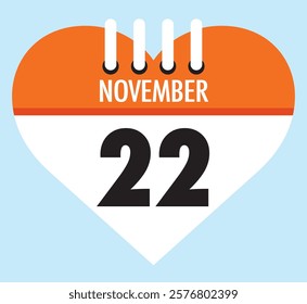 22 November calendar icon orange heart shape on light sky blue color background, calendar vector symbol for the month of November.