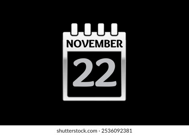 22 November calendar icon text page monthly web design on silver and black background vector, icon, or illustration with the month of November 22