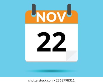 22 November. Flat icon calendar isolated on blue background. Vector illustration.