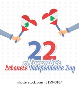 22 November Lebanese Independence Day Flat Background. Hands Hold Heart Style Lebanon Flag Illustration and Vector Elements National Concept Greeting Card, Poster or Web Banner Design