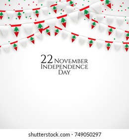 22 november. Lebanon Happy independence Day greeting card. Waving lebanese flag and balloon with confetti, ribbon isolated on white background. Patriotic Symbolic background. Vector illustration.