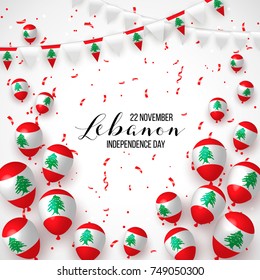 22 november. Lebanon Happy independence Day greeting card. Waving lebanese flag and balloon with confetti, ribbon isolated on white background. Patriotic Symbolic background. Vector illustration.