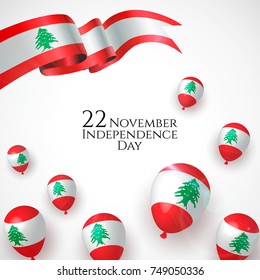 22 november. Lebanon Happy independence Day greeting card. Waving lebanese flag and balloon with confetti, ribbon isolated on white background. Patriotic Symbolic background. Vector illustration.