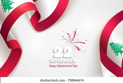 22 November. Lebanon Independence Day background in national flag color theme. Celebration banner  with waving flags and firework. Vector illustration